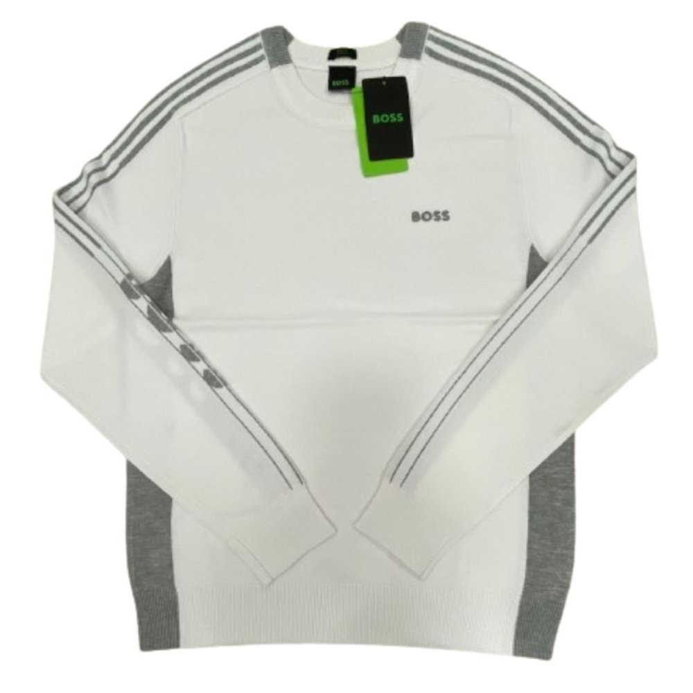 NWT Hugo Boss Men's Color Blocked Cotton Blend Sweater Striped Logo White S-XXL
